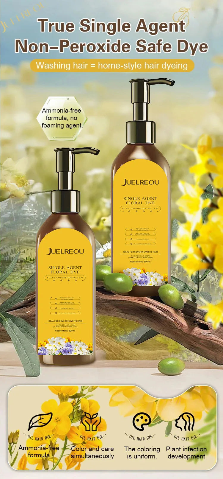 Natural Hair Dye Shampoo Plant Flower Scent Home Single Dose Temporary Hair Dye Long-lasting Color Cover Gray Hair for Women Men