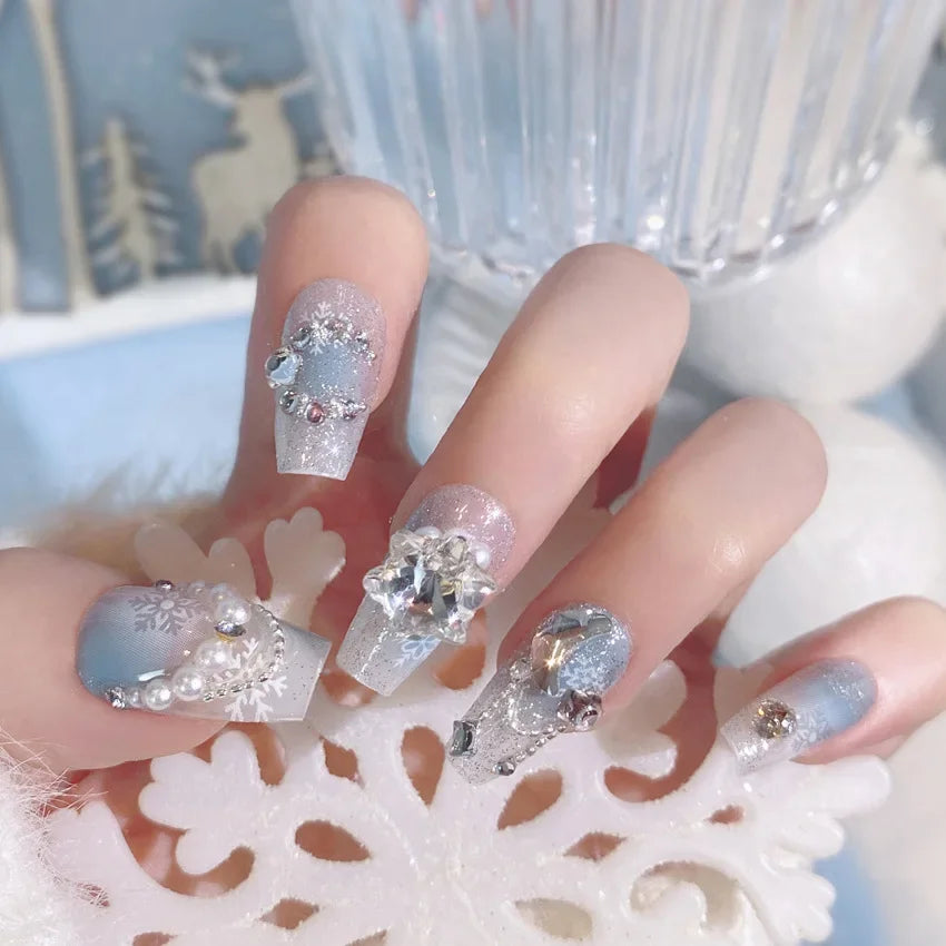 Blue Snowflake Rhinestone Press On Nails Long Full Cover 24Pcs