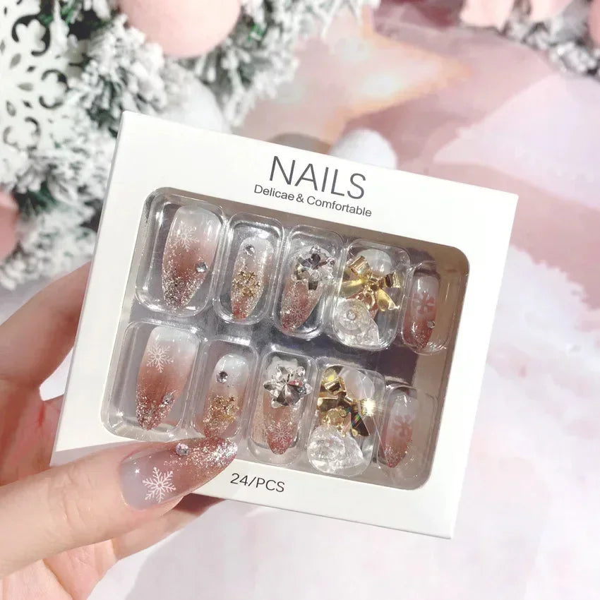 Blue Snowflake Rhinestone Press On Nails Long Full Cover 24Pcs
