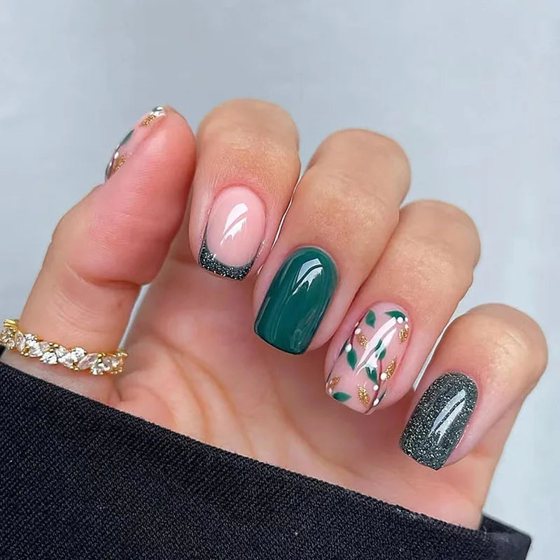 Short Square French Press On Nails Floral Acrylic Set 24Pcs