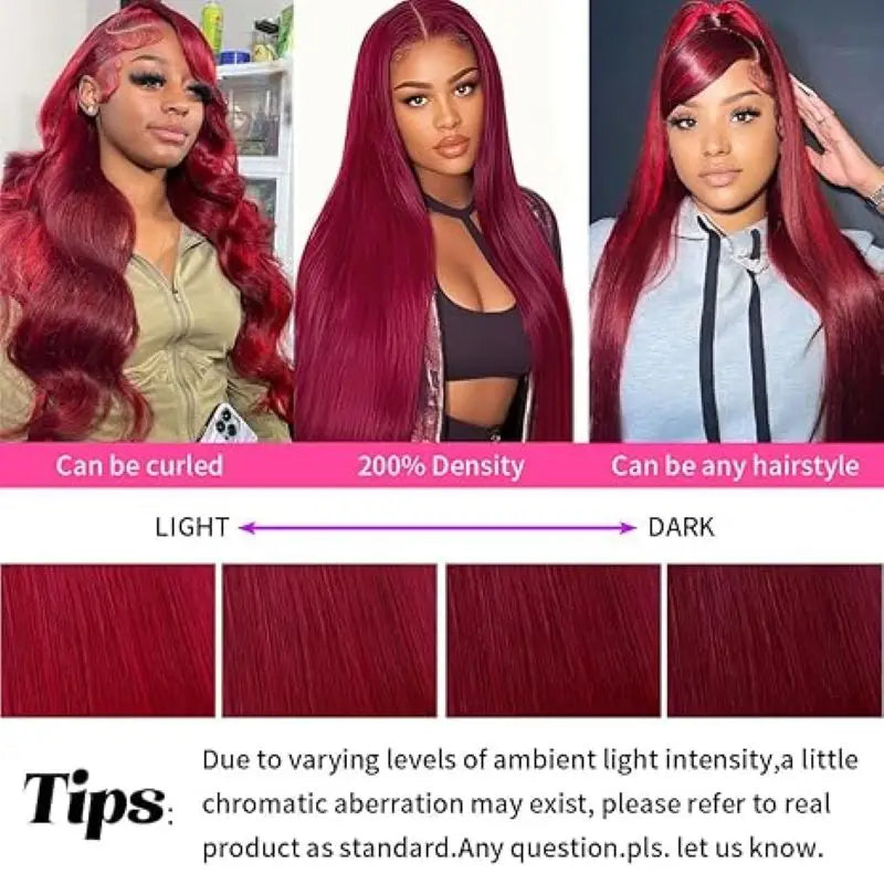Luxury 36" Burgundy HD Lace Frontal Wig 200% Density Human Hair