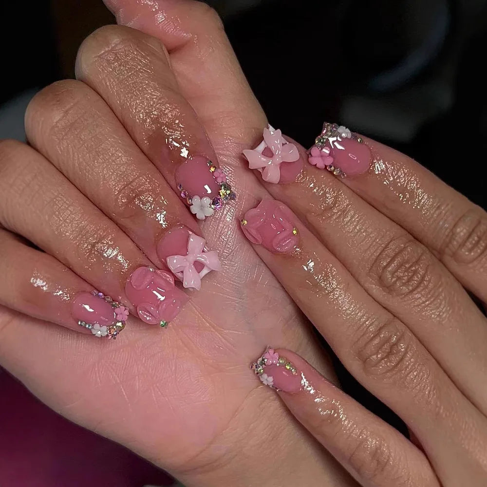 24pcs Short Square Press-On Nails with Flower Rhinestones