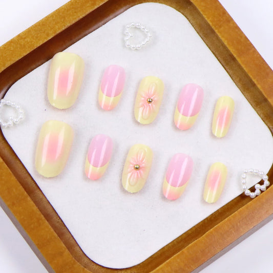 Y2K 10PCS Short Almond French Pointed 3D Flower Press-On Nails