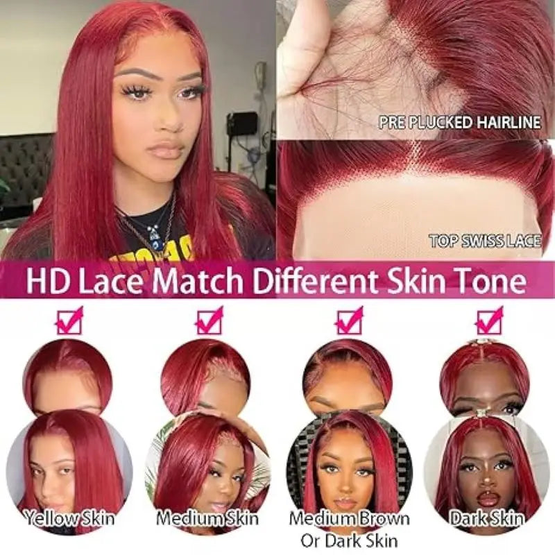 Luxury 36" Burgundy HD Lace Frontal Wig 200% Density Human Hair