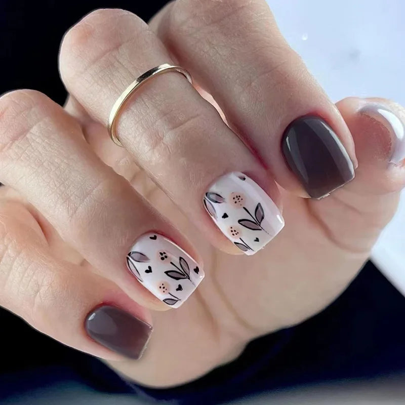 Short Square French Press On Nails Floral Acrylic Set 24Pcs
