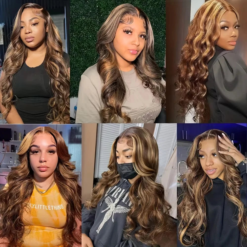 180 200 Density Remy Human Hair Body Wave Wigs P4/27 Highlight Colored 13x4 13x6 HD TranspatentLace Frontal 18-46 Inch Remy Hair