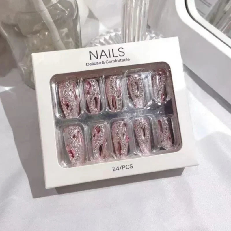 Blue Snowflake Rhinestone Press On Nails Long Full Cover 24Pcs