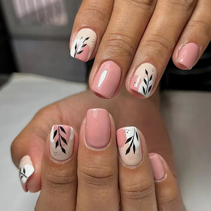 Short Square French Press On Nails Floral Acrylic Set 24Pcs