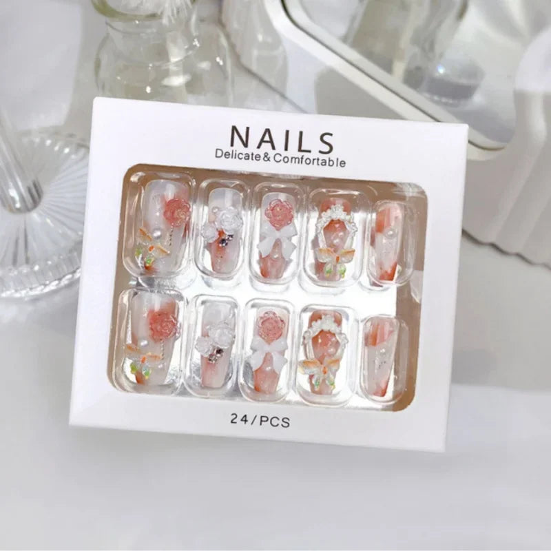 Blue Snowflake Rhinestone Press On Nails Long Full Cover 24Pcs