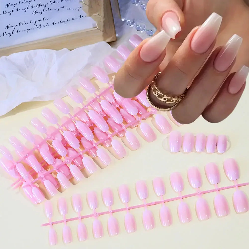 120pcs Pink Ombre Coffin Press-On Nails – Glossy