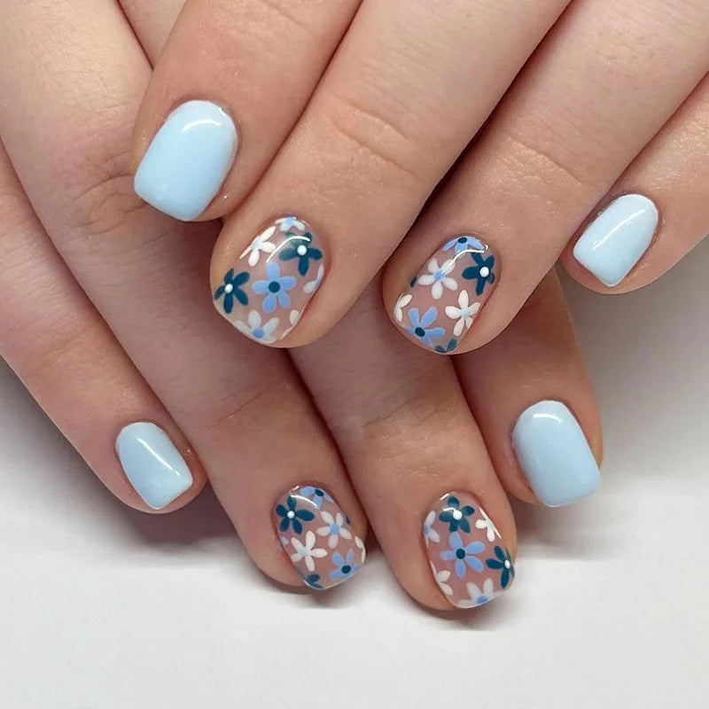 Short Square French Press On Nails Floral Acrylic Set 24Pcs