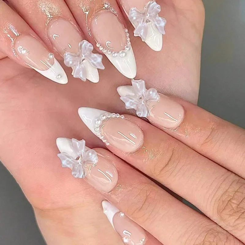 24pcs Cat Eye French Press-On Nails with 3D Bow