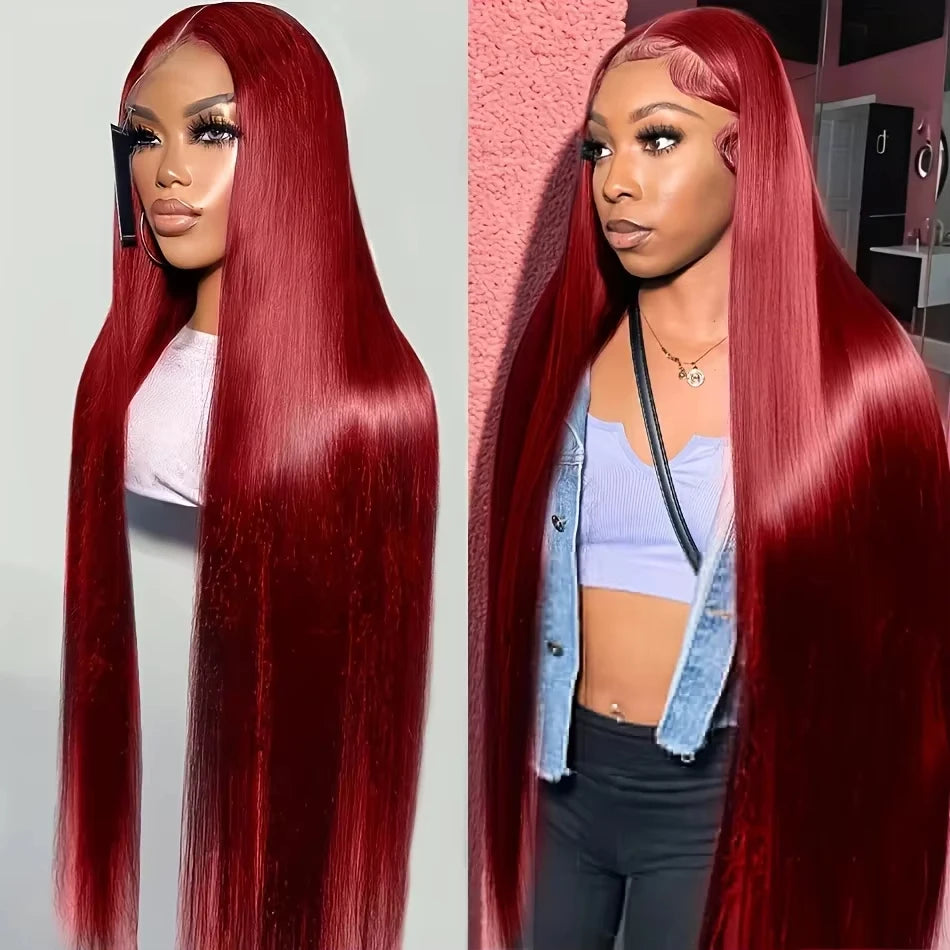 Luxury 36" Burgundy HD Lace Frontal Wig 200% Density Human Hair