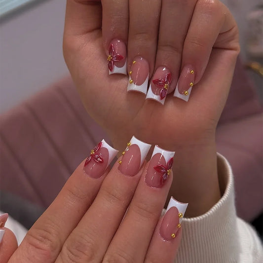 24Pcs Pink French Square Press-On Nails with Flower Design