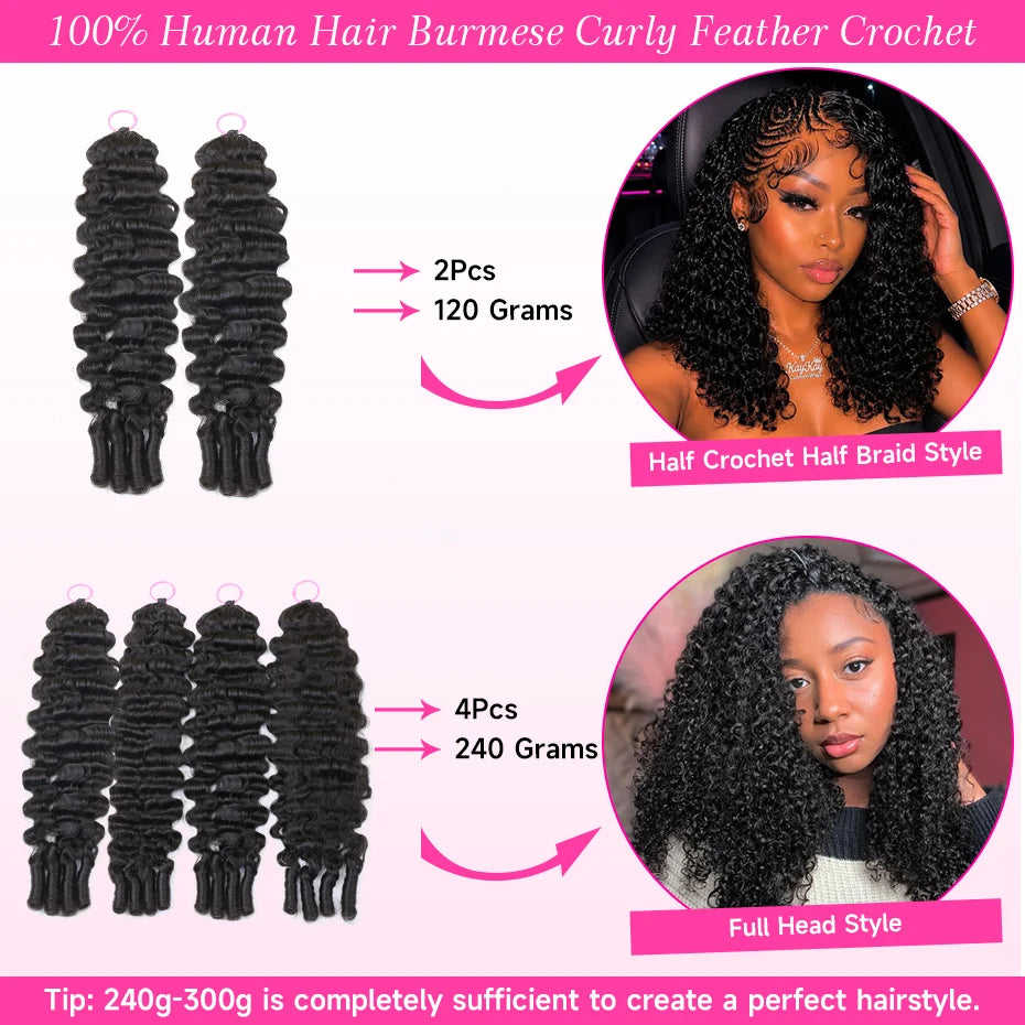 1B Burmese Curly Feather Crochet 100% Human Hair Pre-looped Invisible Miracle Knots Hair Feathered Pre-braided Crochet Human Hair Natural Colored Boho Braids Burmese Curls Hair Weave Bundles Remy Human Hair Extensions 20 22 2