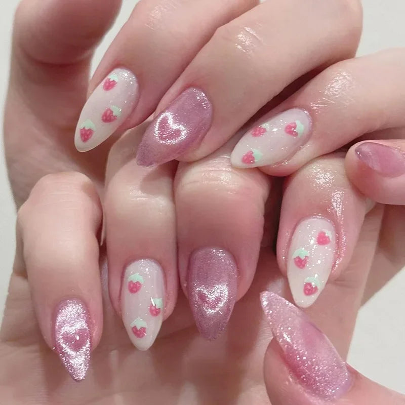 24pcs Cat Eye French Press-On Nails with 3D Bow