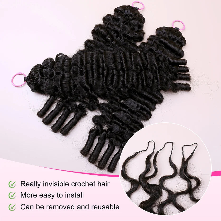 1B Burmese Curly Feather Crochet 100% Human Hair Pre-looped Invisible Miracle Knots Hair Feathered Pre-braided Crochet Human Hair Natural Colored Boho Braids Burmese Curls Hair Weave Bundles Remy Human Hair Extensions 20 22 2