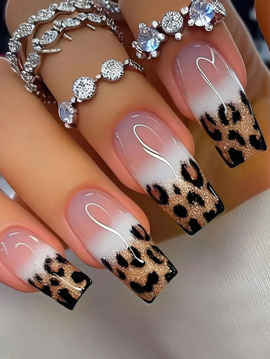 24pcs Luxe Press-On Nails – Leopard French Design