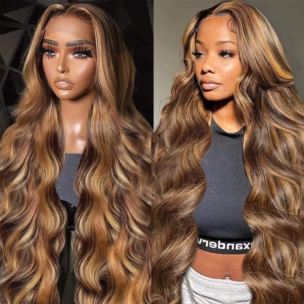 180 200 Density Remy Human Hair Body Wave Wigs P4/27 Highlight Colored 13x4 13x6 HD TranspatentLace Frontal 18-46 Inch Remy Hair