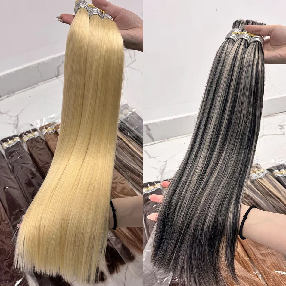 Shinehair Wholesale Straight Human Hair Bulk 100% Real Human Hair Extensions Highlight 16A Natural Black Hair Bundle Blonde 613