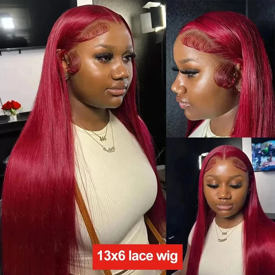 Luxury 36" Burgundy HD Lace Frontal Wig 200% Density Human Hair