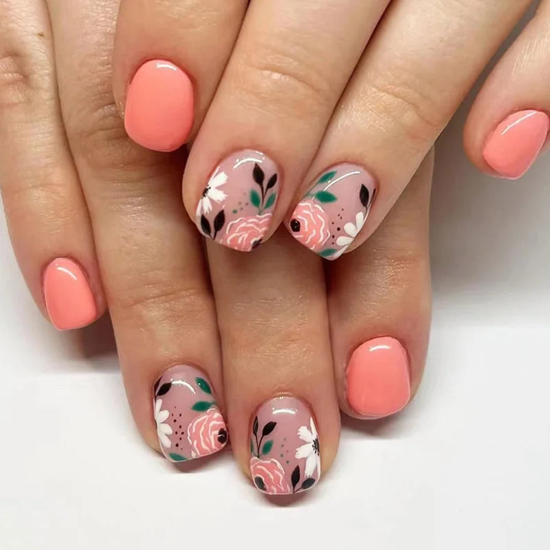 Short Square French Press On Nails Floral Acrylic Set 24Pcs