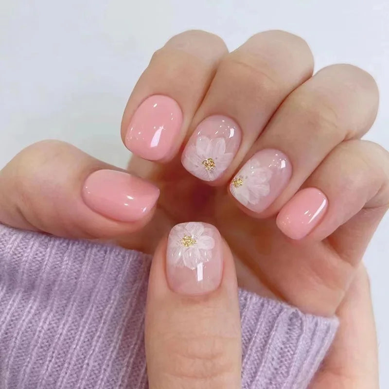 Short Square French Press On Nails Floral Acrylic Set 24Pcs