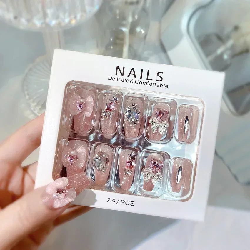 Blue Snowflake Rhinestone Press On Nails Long Full Cover 24Pcs