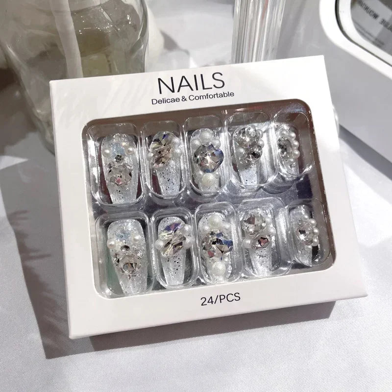 Blue Snowflake Rhinestone Press On Nails Long Full Cover 24Pcs