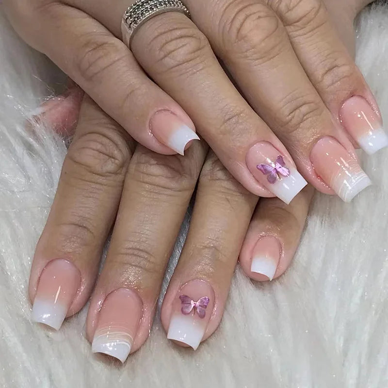 Short Square French Press On Nails Floral Acrylic Set 24Pcs