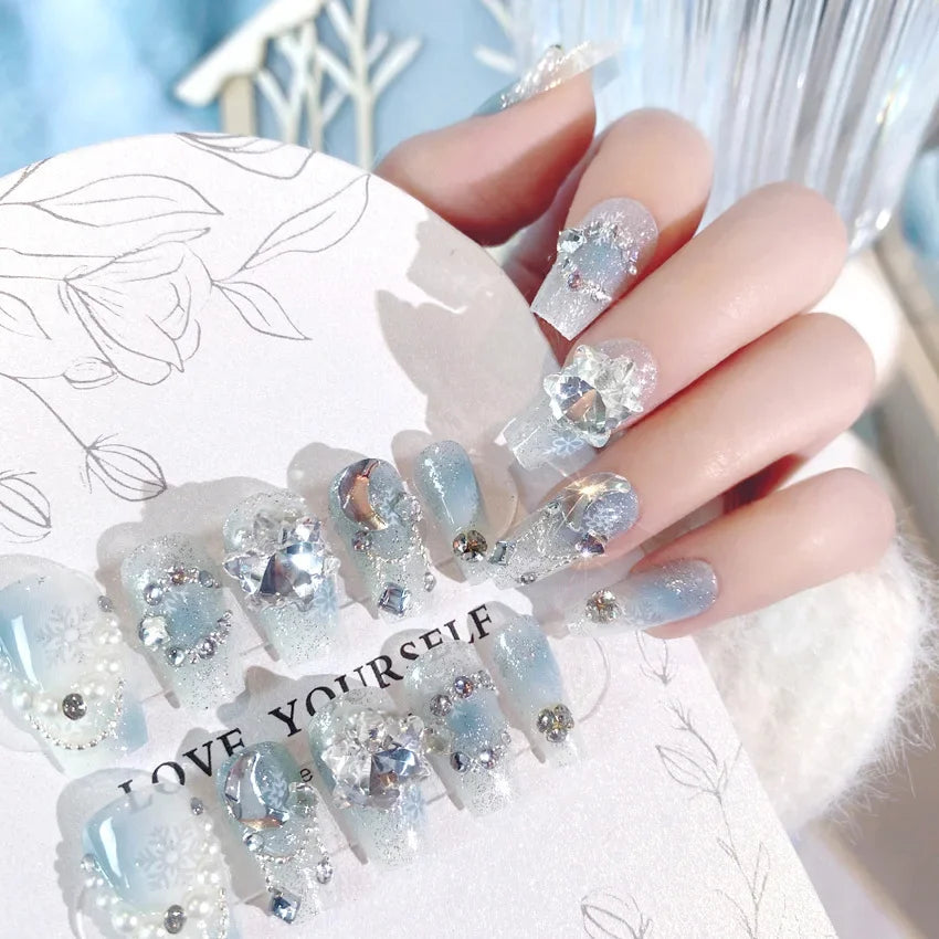 Blue Snowflake Rhinestone Press On Nails Long Full Cover 24Pcs