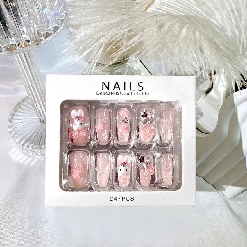 Blue Snowflake Rhinestone Press On Nails Long Full Cover 24Pcs