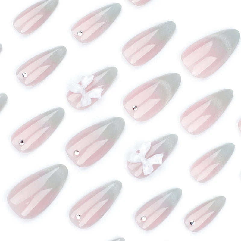 24pcs Cat Eye French Press-On Nails with 3D Bow