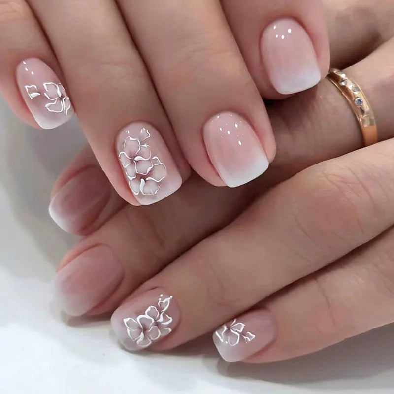 Short Square French Press On Nails Floral Acrylic Set 24Pcs