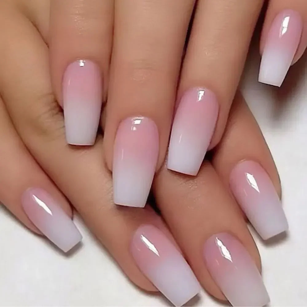 120pcs Pink Ombre Coffin Press-On Nails – Glossy