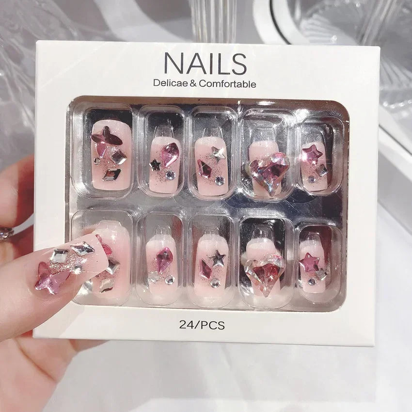 Blue Snowflake Rhinestone Press On Nails Long Full Cover 24Pcs