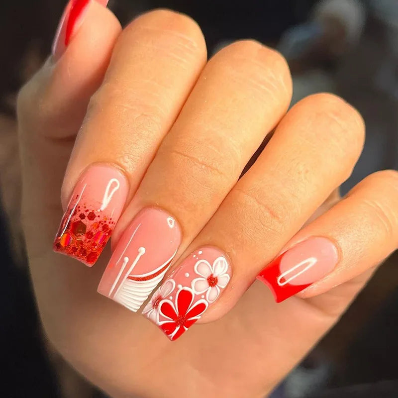 Short Square French Press On Nails Floral Acrylic Set 24Pcs