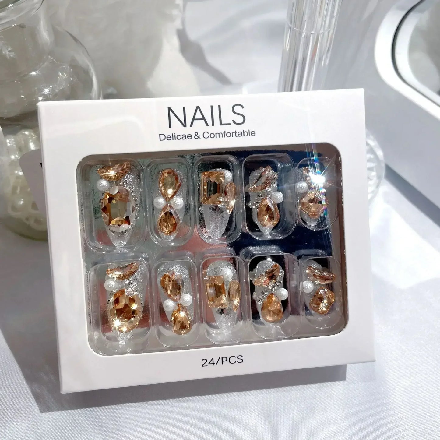 Blue Snowflake Rhinestone Press On Nails Long Full Cover 24Pcs