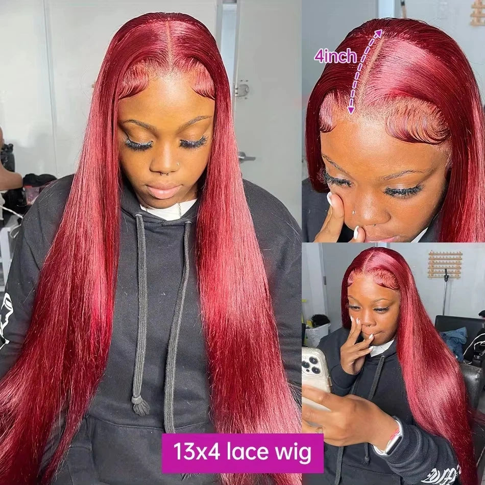 Luxury 36" Burgundy HD Lace Frontal Wig 200% Density Human Hair