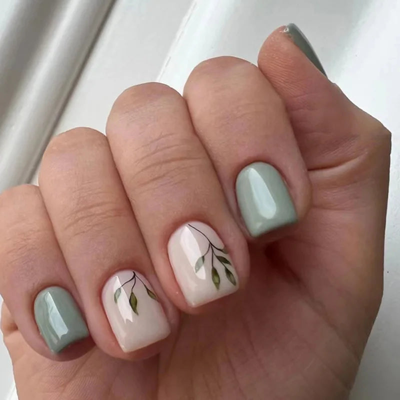 Short Square French Press On Nails Floral Acrylic Set 24Pcs