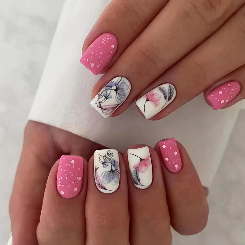 Short Square French Press On Nails Floral Acrylic Set 24Pcs