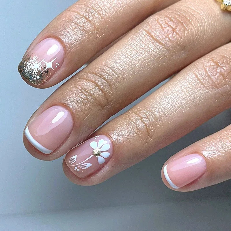 Short Square French Press On Nails Floral Acrylic Set 24Pcs