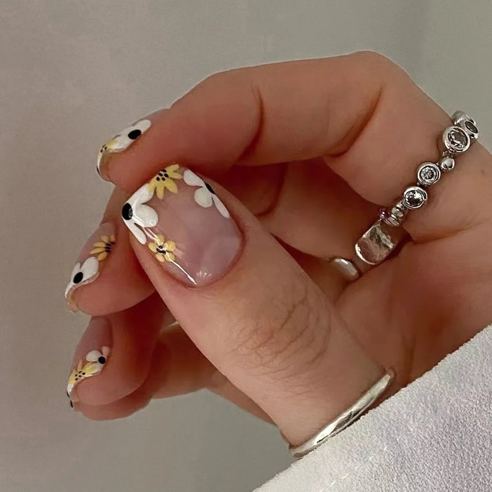 Short Square French Press On Nails Floral Acrylic Set 24Pcs