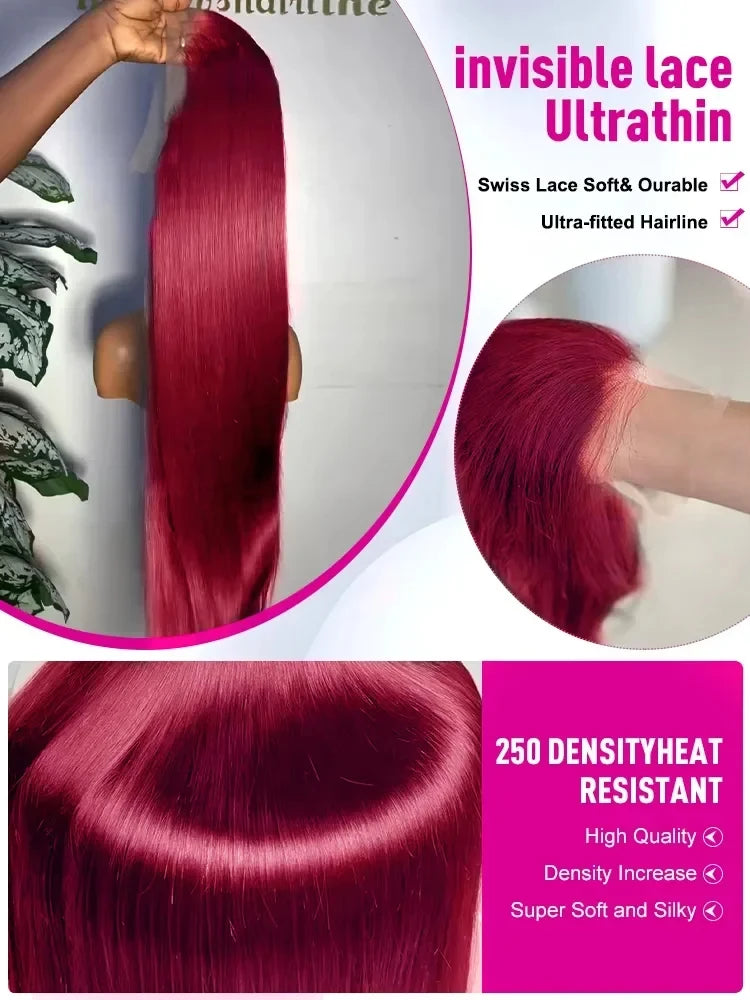 Luxury 36" Burgundy HD Lace Frontal Wig 200% Density Human Hair