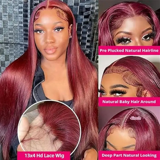 36" Bone Straight Burgundy 99J HD Lace Frontal Wig 200%