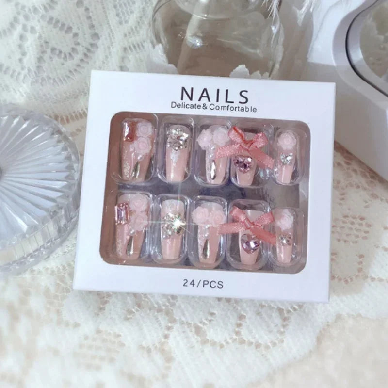 Blue Snowflake Rhinestone Press On Nails Long Full Cover 24Pcs