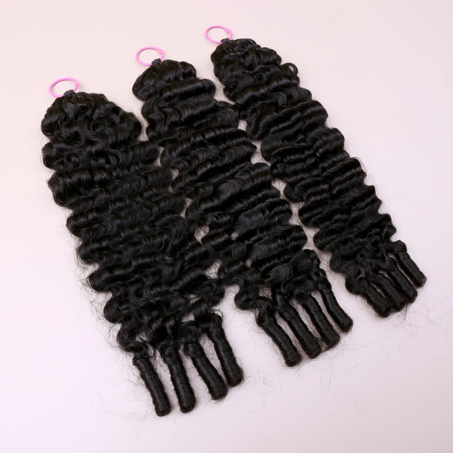 1B Burmese Curly Feather Crochet 100% Human Hair Pre-looped Invisible Miracle Knots Hair Feathered Pre-braided Crochet Human Hair Natural Colored Boho Braids Burmese Curls Hair Weave Bundles Remy Human Hair Extensions 20 22 2