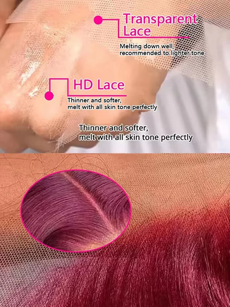 Luxury 36" Burgundy HD Lace Frontal Wig 200% Density Human Hair