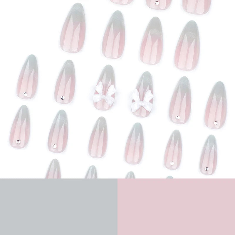 24pcs Cat Eye French Press-On Nails with 3D Bow