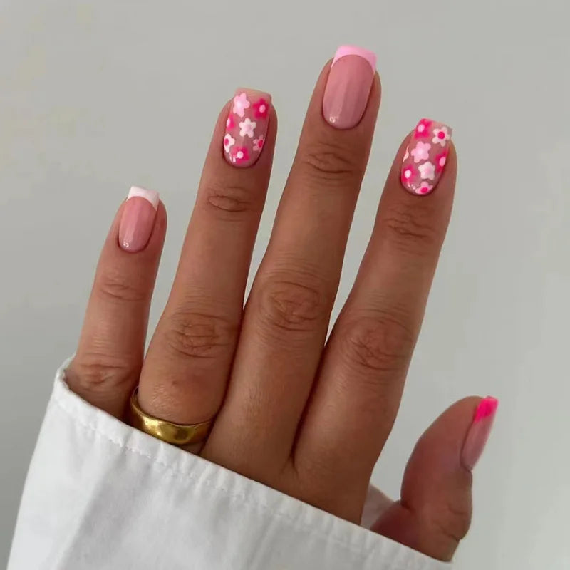 Short Square French Press On Nails Floral Acrylic Set 24Pcs